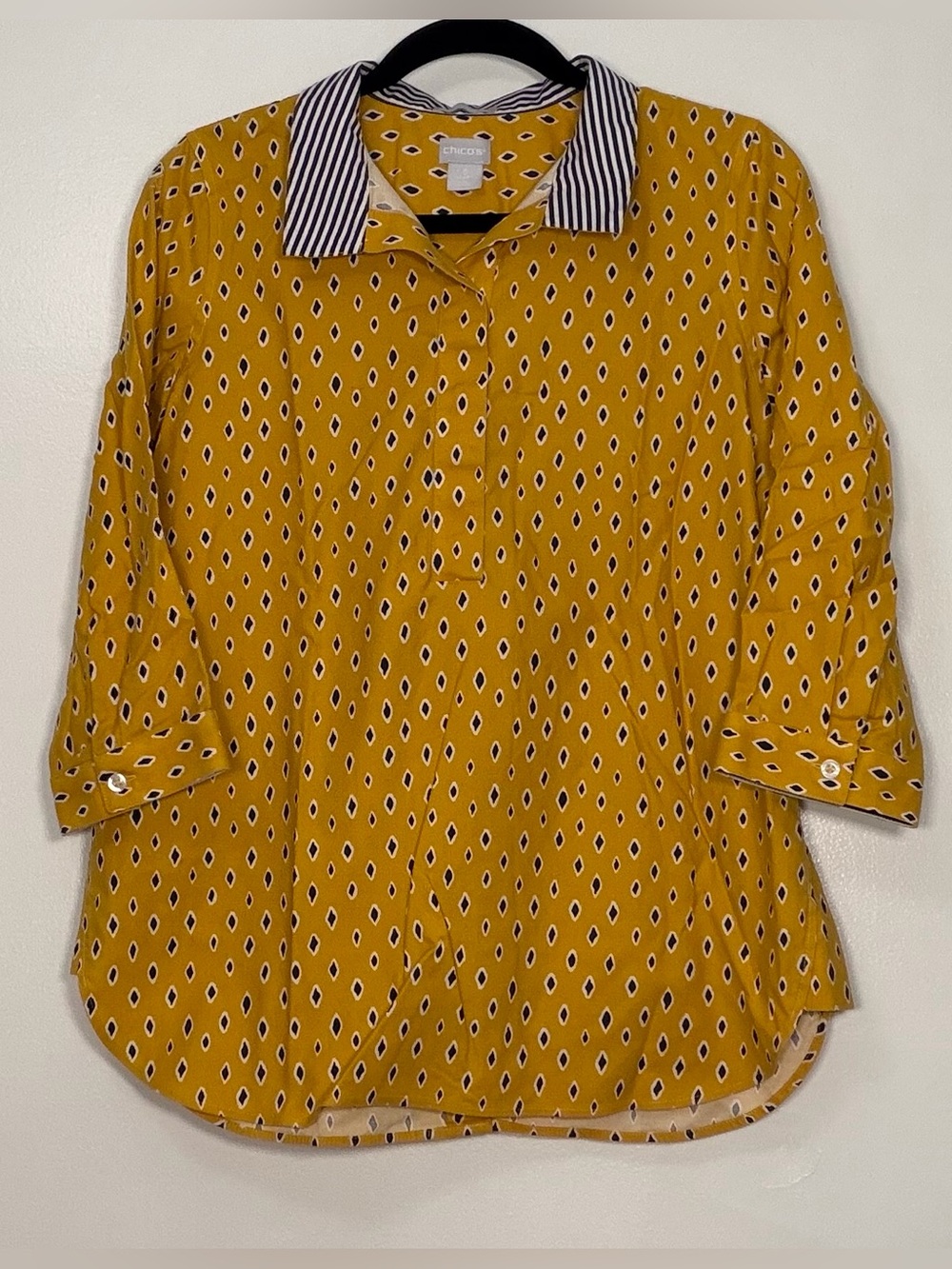 Chico's Mustard Yellow Geometric Button-Front Shirt with Striped Collar